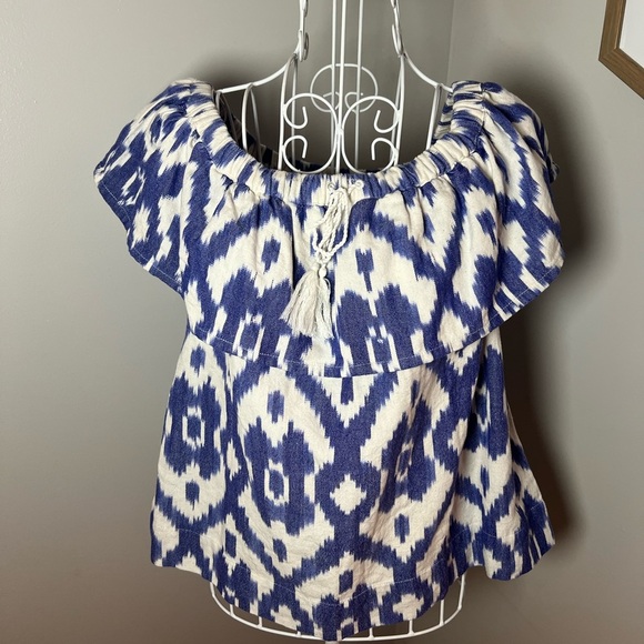 MADEWELL Balcony Off Shoulder Top Blue And White Ikat Cotton Drawstring Size XS - Picture 2 of 6